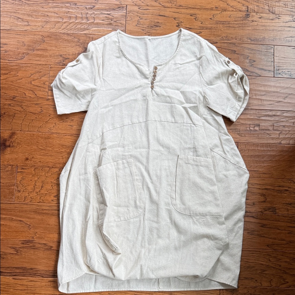 Beige Short Sleeve Dress with Pockets